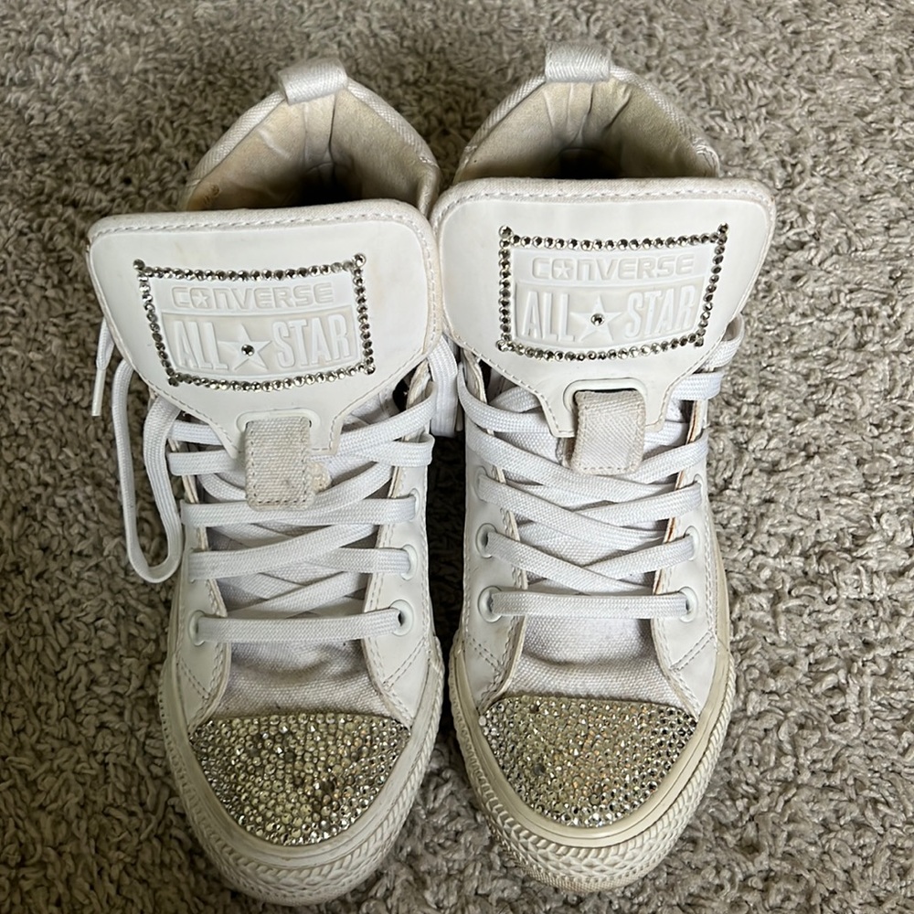 White bedazzled high top Converse